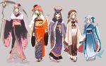 adapted_costume alternate_costume animal_ears black_footwear black_kimono blonde_hair blue_eyes blue_footwear blue_hair blue_kimono blue_ribbon blush brown_footwear brown_headwear brown_kimono closed_mouth commentary dango earrings english_commentary extra_ears eyebrows_visible_through_hair feather_earrings feathers fish_tail flower food formal full_body furisode gawr_gura gear_hair_ornament geta grey_background hair_flower hair_ornament hair_ribbon halo hat highres holding holding_food holding_scythe hololive hololive_english japanese_clothes jewelry kimono light_blue_hair long_hair looking_at_viewer mori_calliope multicolored_hair ninomae_ina&#039;nis obi open_mouth orange_hair orange_kimono pink_eyes pink_hair pointy_ears purple_eyes purple_footwear purple_hair purple_kimono ribbon sash scythe shark_tail short_hair silver_hair simple_background sketch smile standing standing_on_one_leg straight_hair streaked_hair tabi tail takanashi_kiara ten-chan_(eternal_s) tentacle_hair two-tone_hair virtual_youtuber wagashi watson_amelia wide_sleeves 
