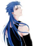  1boy absurdres back blue_hair chiritaros closed_mouth cu_chulainn_(fate)_(all) cu_chulainn_(fate/grand_order) earrings fate/grand_order fate_(series) from_behind highres jewelry long_hair looking_at_viewer looking_back male_focus multiple_piercings red_eyes simple_background slit_pupils smile solo spiked_hair tank_top type-moon white_background 