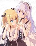  2girls aqua_eyes azur_lane bare_shoulders belfast_(azur_lane) blonde_hair braid chain choker crossover dead_or_alive french_braid hair_ornament highres long_hair maid maid_headdress marie_rose mugi_no_hikyaku multiple_girls open_mouth purple_eyes short_hair silver_hair smile twintails upper_body 