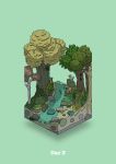  absurdres all_fours animal boulder bush commentary diorama drinking gozz green_background highres isometric moss original river rock tree 