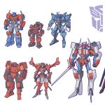  1girl 5boys autobot blue_eyes claws clenched_hand cliffjumper english_commentary holding holding_sword holding_weapon horns insignia multiple_boys one-eyed optimus_prime redesign standing star_saber_(transformers) sword theamazingspino transformers transformers_victory warpath weapon whirl windblade yellow_eyes 