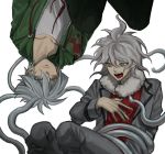  2boys ansatsu_kyoushitsu bangs collarbone commentary_request cosplay costume_switch danganronpa_(series) danganronpa_2:_goodbye_despair doggye_(zginrwsn) feet_out_of_frame fur_collar green_jacket green_pants grey_hair grey_jacket grey_pants grey_shirt hair_between_eyes hand_on_own_chest highres horibe_itona horibe_itona_(cosplay) jacket komaeda_nagito komaeda_nagito_(cosplay) long_sleeves looking_at_another male_focus medium_hair multiple_boys open_clothes open_jacket open_mouth pants print_shirt red_shirt shirt short_hair simple_background tentacles upside-down white_background yellow_eyes 