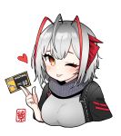  1girl ;p ahoge antennae arknights bangs black_jacket black_scarf demon_horns grey_hair grey_shirt heart horns jacket junsuina_fujunbutsu light_blush one_eye_closed open_clothes open_jacket red_eyes scarf shirt short_hair signature simple_background smile solo tongue tongue_out upper_body w_(arknights) white_background 