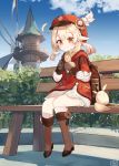  1girl backpack bag bangs bench blonde_hair boots brown_bag brown_footwear brown_gloves bush chibirisu cloud commentary_request day eyelashes feathers from_below genshin_impact gloves hat highres klee_(genshin_impact) long_sleeves outdoors pointy_ears red_eyes short_twintails sitting sky striped striped_legwear twintails windmill 