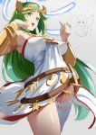  1boy 1girl absurdres bracelet breasts commentary_request dress green_eyes green_hair grey_background highres index_finger_raised jewelry kid_icarus long_hair looking_at_viewer manno_(kanpi2100) open_mouth palutena pit_(kid_icarus) simple_background single_thighhigh thighhighs thighs very_long_hair white_background white_dress white_legwear wings 