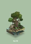  absurdres basket bone campfire commentary_request diorama gozz green_background highres isometric leaf log original palm_leaf pottery skull smoke stairs teruterubouzu tree treehouse 