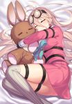  1girl bed_sheet black_gloves blue_neckwear bow bowtie breasts brown_hair closed_eyes closed_mouth commission danganronpa_(series) danganronpa_v3:_killing_harmony dress eyebrows_visible_through_hair gloves grey_legwear hair_between_eyes highres iruma_miu kinsenka_momi leg_garter long_hair long_sleeves lying medium_breasts pink_dress skeb_commission smile solo striped striped_legwear stuffed_animal stuffed_bunny stuffed_toy thighhighs thighs vertical-striped_legwear vertical_stripes 