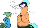  2020 44vex 4:3 ambiguous_gender anthro blue_clothing blue_hoodie blue_topwear clothing creeperdawnx dialogue duo eel english_text eyes_closed fish green_body hoodie male marine multicolored_body nintendo nonbinary_(lore) pink_sclera pok&eacute;mon pok&eacute;mon_(species) sceptile simple_background size_difference standing tan_clothing tan_sweater tan_topwear text topwear turtleneck_sweater vex_(44vex) video_games white_background 