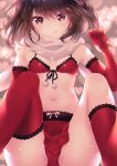  1girl :q asymmetrical_legwear bare_shoulders black_ribbon blush breasts brown_eyes brown_hair closed_mouth elbow_gloves feet_up gloves hand_up heart heart_background highres kantai_collection kneehighs knees_up looking_at_viewer navel pom_pom_(clothes) red_gloves red_legwear ribbon scarf sendai_(kantai_collection) short_hair single_kneehigh single_thighhigh sitting small_breasts smile solo stomach tassel thighhighs tongue tongue_out tsukimochikuriko_(tsukimochi_k) white_ribbon white_scarf 