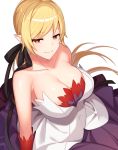  1girl black_ribbon blonde_hair breasts cleavage commission hair_ribbon kinsenka_momi kiss-shot_acerola-orion_heart-under-blade large_breasts light_smile long_hair looking_at_viewer monogatari_(series) ribbon simple_background skeb_commission smile solo white_background yellow_eyes 