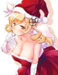  1girl bare_shoulders blonde_hair blush breasts chauke christmas cleavage closed_mouth collarbone commentary_request drill_hair elbow_gloves eyebrows_visible_through_hair gloves hair_ornament hat highres large_breasts looking_at_viewer mahou_shoujo_madoka_magica red_headwear santa_costume santa_hat short_hair smile solo tomoe_mami twin_drills white_gloves yellow_eyes 