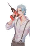  1boy belt blue_hair drill fukuda_tamotsu highres hole_in_head id_:invaded licking male_focus pants salmon_(657931354) scar shirt standing suspenders white_background white_shirt yellow_eyes 