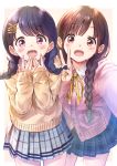  2girls :d bashosho black_hair blue_skirt blush braid brown_eyes brown_hair brown_sweater cardigan collared_shirt commentary_request cowboy_shot dress_shirt fangs fukumaru_koito hair_ornament hairclip hands_up idolmaster idolmaster_shiny_colors long_hair long_sleeves looking_at_viewer low_twintails multiple_girls neck_ribbon open_mouth pink_cardigan plaid plaid_skirt pleated_skirt purple_eyes reaching_out ribbon school_uniform self_shot shirt skirt sleeves_past_wrists smile sonoda_chiyoko standing sweater twin_braids twintails v very_long_hair white_shirt x_hair_ornament yellow_ribbon 