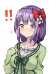  !! :o ^^^ alternate_costume amagi_(amagi626) bangs blouse blush bob_cut bow bowtie breasts casual collarbone commentary_request eyebrows_visible_through_hair flower frilled_blouse green_blouse green_bow green_neckwear hair_bow hair_flower hair_ornament hair_ribbon hand_up hieda_no_akyuu highres large_breasts long_sleeves looking_down purple_hair red_bow ribbon simple_background sleeves_past_wrists square_neckline surprised touhou upper_body white_background 