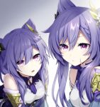  2girls double_bun genshin_impact hair_bun highres keqing memeno multiple_girls purple_eyes purple_hair twintails 