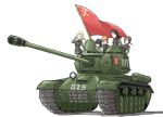  5girls absurdres alina_(girls_und_panzer) artist_request blonde_hair blue_eyes brown_hair caterpillar_tracks clara_(girls_und_panzer) commentary_request emblem flag fur_hat girls_und_panzer ground_vehicle hat highres is-2 katyusha_(girls_und_panzer) long_hair military military_vehicle motor_vehicle multiple_girls nina_(girls_und_panzer) nonna_(girls_und_panzer) pravda_(emblem) pravda_military_uniform short_hair skirt smile standing tank tank_helmet twintails ushanka white_background 