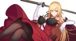  1girl black_legwear black_ribbon blonde_hair breasts cleavage closed_mouth commission dress elbow_gloves eyebrows_visible_through_hair gloves hair_ribbon holding holding_sword holding_weapon katana kinsenka_momi kiss-shot_acerola-orion_heart-under-blade large_breasts long_hair looking_at_viewer monogatari_(series) pantyhose pointy_ears red_dress ribbon simple_background sitting skeb_commission smile solo sword weapon white_background white_gloves yellow_eyes 