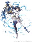  1girl alice_(sinoalice) breasts dark_blue_hair dress full_body hairband highres holding holding_staff ji_no looking_at_viewer medium_breasts official_art pocket_watch red_eyes short_hair single_thighhigh sinoalice solo square_enix staff tattoo thighhighs watch white_background white_dress 