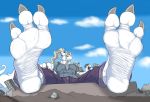  2020 3_toes 44vex anthro barefoot big_breasts blonde_hair blue_eyes bottomwear breasts building_destruction clothing female foot_focus fur grey_clothing grey_topwear hair hi_res mammal outside pants purple_bottomwear purple_clothing purple_pants solo spread_toes toes topwear white_body white_feet white_fur wrinkled_feet 
