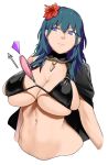  1girl arrow_(symbol) bakkanki bangs bikini black_bikini black_cape blue_eyes breasts byleth_(fire_emblem) byleth_(fire_emblem)_(female) cape cleavage closed_mouth commentary_request cropped_torso eyebrows_visible_through_hair fire_emblem fire_emblem:_three_houses fire_emblem_heroes flower green_hair hair_flower hair_ornament hibiscus highres jewelry large_breasts medium_hair navel necklace revision simple_background skindentation solo swimsuit tassel white_background 