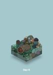  blue_background boulder commentary crab diorama fish flotsam gozz highres holding_shell isometric original plant rock shell standing wood 