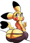  :3 anthro big_breasts big_butt blush bottomwear breasts butt clothing eyelashes female fur gesture hi_res huge_butt looking_back mammal nathanatwar nintendo pants pikachu pink_eyes pok&eacute;mon pok&eacute;mon_(species) rear_view rodent simple_background sitting smile solo thick_thighs torn_bottomwear torn_clothing torn_pants v_sign video_games white_background wide_hips yellow_body yellow_fur 