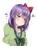  :t alternate_costume amagi_(amagi626) bangs blush bob_cut bow bowtie breasts casual collarbone commentary_request cropped_torso eyebrows_visible_through_hair frilled_blouse green_bow green_neckwear hair_bow hieda_no_akyuu highres large_breasts looking_at_viewer pout purple_hair red_bow simple_background square_neckline squiggle touhou upper_body v-shaped_eyebrows white_background 