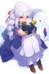  1girl alternate_costume alternate_hairstyle box braid christmas cis05 commentary_request eyebrows_visible_through_hair fate/grand_order fate_(series) gift gift_box hair_between_eyes hair_ribbon holding holding_box holding_gift kama_(fate/grand_order) long_hair long_skirt long_sleeves looking_at_viewer open_mouth pink_ribbon purple_sweater red_eyes ribbon side_braid single_braid sitting skirt snow snowman solo sweater teeth white_hair white_skirt 