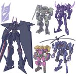  1girl 4boys beast_machines blackshadow bludgeon claws clenched_hands decepticon english_commentary galvatron genderswap genderswap_(mtf) holding holding_sword holding_weapon insignia mecha multiple_boys no_humans obsidian_(transformers) propeller purple_eyes red_eyes redesign standing strika sword theamazingspino transformers weapon 