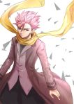  1boy brown_eyes coat grey_vest id_:invaded long_sleeves looking_at_viewer male_focus pink_hair scarf shio_robin simple_background spiked_hair standing vest white_background yellow_scarf 