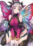  1girl absurdres bangs black_legwear breasts dress facial_mark fairy_wings fire_emblem fire_emblem_heroes fujiwara_minaho gradient_hair grey_hair highres large_breasts light_smile long_hair multicolored_hair plant plumeria_(fire_emblem) pointy_ears ponytail red_dress red_eyes simple_background sitting sleeveless sleeveless_dress solo thighhighs tied_hair twitter_username vines white_background wings 
