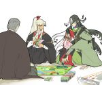  3boys amakusa_shirou_(fate) ashiya_douman_(fate) asymmetrical_clothes asymmetrical_hair black_eyes black_hair board_game bun_(game728hale396) curly_hair earrings fate/grand_order fate_(series) fingernails green_eyeshadow green_kimono green_lipstick green_nails hair_between_eyes hair_intakes japanese_clothes jewelry kimono lipstick long_hair looking_at_another magatama magatama_earrings makeup male_focus monopoly multicolored_hair multiple_boys open_clothes open_kimono playing_games ribbed_sleeves sharp_fingernails sitting two-tone_hair very_long_hair white_hair yagyuu_munenori_(fate/grand_order) 