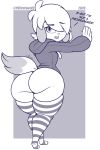  absurd_res anthro big_butt blue_and_white bottomless butt canid canine canis clothed clothing domestic_dog girly hi_res hoodie leaning leaning_forward leaning_on_wall legwear looking_back male mammal monochrome niko_(pkfirefawx) one_eye_obstructed pkfirefawx programming_socks simple_background solo stockings thick_thighs topwear 