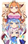  3girls :&gt; :3 =3 absurdres ahoge amane_kanata angel angel_wings arms_up bangs black_bow black_hairband black_jacket blonde_hair blue_eyes blue_hair blue_neckwear blue_ribbon blunt_bangs blush bow bowtie braid breast_rest breasts breasts_on_head brooch cleavage cleavage_cutout closed_mouth clothing_cutout collared_shirt colored_inner_hair commentary_request double_v doukyo&#039;s dragon_girl dragon_horns dragon_tail dress eyebrows_visible_through_hair feathered_wings gem gradient_eyes grey_jacket hair_ornament hairband halo head_rest highlights highres hololive horn_bow horns hoshimachi_suisei human_tower jacket jewelry kiryuu_coco large_breasts long_hair long_sleeves looking_at_viewer motion_lines multicolored multicolored_bow multicolored_eyes multicolored_hair multiple_girls neck_ribbon orange_hair plaid_jacket pointy_ears purple_eyes red_eyes ribbon scales shirt short_hair side_ponytail silver_hair single_braid sleeves_rolled_up smile smirk smug stacking star_(symbol) star_in_eye streaked_hair striped striped_background sweatdrop symbol_in_eye tail triangle_mouth turtleneck upper_body v virtual_youtuber white_bow white_shirt wings yukito_(hoshizora) 