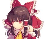  1girl arm_garter ascot bangs bare_shoulders bow brown_hair closed_mouth commentary detached_sleeves frilled_bow frilled_shirt_collar frills hair_bow hair_tubes hakurei_reimu long_hair looking_away orange_eyes ponytail raised_eyebrows red_bow red_eyes red_ribbon red_shirt ribbon ribbon-trimmed_collar ribbon_trim shirt sidelocks simple_background sleeve_bow sleeveless sleeveless_shirt solo tomobe_kinuko touhou upper_body white_background yellow_neckwear 