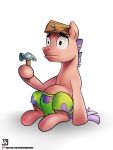  2019 3:4 black_eyes clothed clothed_feral clothing crossover english_text equid equine feral hammer hasbro hi_res horse jedayskayvoker male mammal mane my_little_pony nail nickelodeon patrick_star pink_body ponification pony purple_mane purple_tail signature simple_background sitting solo spongebob_squarepants text tools underwear url white_background 