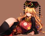  1girl bangs black_dress black_legwear blonde_hair breasts brown_background chinese_clothes cleavage cleavage_cutout clothing_cutout dress elbow_rest eyebrows_visible_through_hair feet_out_of_frame highres junko_(touhou) large_breasts long_hair long_sleeves looking_at_viewer lying no_panties on_side pointy_ears pom_pom_(clothes) raptor7 red_eyes red_tabard side_slit sidelocks simple_background sketch solo tabard thighhighs touhou wide_sleeves 