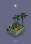  bird boulder campfire commentary diorama fire full_moon gozz highres isometric jumping leaf moon night original palm_leaf palm_tree purple_background shipwreck skull sos treasure_chest tree 