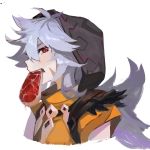  1boy food food_in_mouth genshin_impact grey_hair highres hirisson hood hood_up long_hair male_focus meat razor_(genshin_impact) red_eyes scar scar_on_face simple_background sketch solo teeth_hold upper_body white_background 