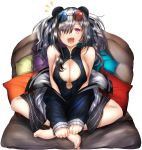  1girl :d animal_ears arknights bare_legs bare_shoulders barefoot black_dress breasts china_dress chinese_clothes cleavage cleavage_cutout clothing_cutout dress eyewear_removed fang feater_(arknights) gold_trim grey_jacket hair_over_one_eye highres indian_style jacket large_breasts long_hair long_sleeves looking_at_viewer multicolored_hair nidaime_(doronbo) notice_lines off_shoulder open_clothes open_jacket open_mouth panda_ears purple_eyes raglan_sleeves round_eyewear silver_hair sitting sleeveless sleeveless_dress smile solo streaked_hair sunglasses twintails v_arms 