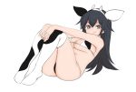  1girl animal_ears ass black_eyes black_hair bra breasts cow_ears highres large_breasts murayamawataru navel nyanko_daisensou panties thighhighs thundia_(nyanko_daisensou) tongue tongue_out underwear 