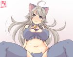  1girl ahoge alternate_costume artist_logo bell bell_choker bra breasts cat_cutout cat_ear_panties cat_lingerie choker cleavage_cutout clothing_cutout commentary_request covered_nipples dated frilled_bra frills grey_bra grey_legwear grey_panties implied_sex jingle_bell kanon_(kurogane_knights) kantai_collection large_breasts lingerie long_hair looking_at_viewer meme_attire panties silver_eyes silver_hair simple_background sitting solo spread_legs thighhighs underwear washington_(kantai_collection) white_background 