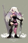  1girl absurdres bare_shoulders black_gloves black_panties black_shirt boots character_name closed_mouth elbow_gloves floating_hair flower full_body gloves grey_background halftone high_heels highres holding holding_sword holding_weapon joints long_hair looking_at_viewer mole mole_under_mouth nier_(series) nier_automata one_eye_covered panties planted_sword planted_weapon rariatto_(ganguri) robot robot_joints shirt solo standing sword toeless_boots torn_clothes torn_shirt underwear weapon yorha_no._2_type_b yorha_type_a_no._2 