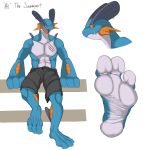  2020 3_toes 44vex anthro black_bottomwear black_clothing black_shorts blue_body bottomwear clothing ear_piercing ear_ring english_text foot_focus full-length_portrait headshot_portrait hi_res male model_sheet nintendo open_mouth orange_sclera piercing pok&eacute;mon pok&eacute;mon_(species) pok&eacute;morph portrait pupils scar shorts soles solo swampert text toes video_games white_pupils wrinkled_feet wrinkled_soles 