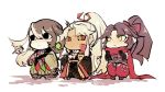  1girl 2boys amakusa_shirou_(fate) ashiya_douman_(fate) asymmetrical_clothes asymmetrical_hair black_eyes black_hair blank_eyes bun_(game728hale396) chibi curly_hair earrings fate/grand_order fate_(series) full_body green_kimono hair_between_eyes hair_intakes japanese_clothes jewelry katou_danzou_(fate/grand_order) kimono long_hair magatama magatama_earrings male_focus multicolored_hair multiple_boys ninja open_clothes open_kimono ponytail red_sclera ribbed_sleeves shadow two-tone_hair very_long_hair white_hair yellow_eyes 