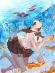  1girl air_bubble animal bangs bare_legs barefoot black_bow black_sailor_collar blue_eyes blue_hair blush bottle_miku bow breasts bubble closed_mouth diving fish goldfish hatsune_miku liby_(libtnvd) liquid_hair long_hair looking_at_viewer medium_breasts own_hands_together revision sailor_collar school_uniform see-through serafuku shirt short_sleeves solo twintails underwater very_long_hair vocaloid water wet wet_clothes wet_shirt white_shirt 
