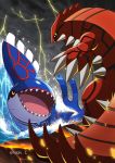  black_cloud claws cloud cloudy_sky commentary_request creature enishi_(menkura-rin10) eye_contact gen_3_pokemon groudon highres kyogre legendary_pokemon looking_at_another no_humans open_mouth pokemon pokemon_(creature) rock sharp_teeth signature sky teeth thunder water waves yellow_eyes 