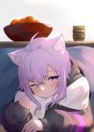  1girl ;3 absurdres ahoge animal_ear_fluff animal_ears cat_ears cup eyebrows_visible_through_hair eyes_visible_through_hair food fruit fruit_bowl hair_between_eyes highres hololive hood hood_down hoodie kotatsu looking_at_viewer lying nekomata_okayu on_stomach one_eye_closed orange peppertomo pillow pillow_hug purple_eyes purple_hair short_hair sleeves_past_wrists smile solo table teacup virtual_youtuber 