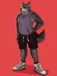  2019 3:4 anthro bottomwear canid canine canis cherry_infinite clothing fur grey_body grey_fur hi_res humanoid_hands male mammal password_(visual_novel) red_background shirt shorts simple_background solo topwear tyson_(password) video_games visual_novel wolf 