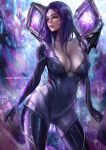  1girl ass_visible_through_thighs bodysuit breasts cleavage donyta facial_mark kai&#039;sa large_breasts league_of_legends plunging_neckline purple_hair tagme yellow_eyes 